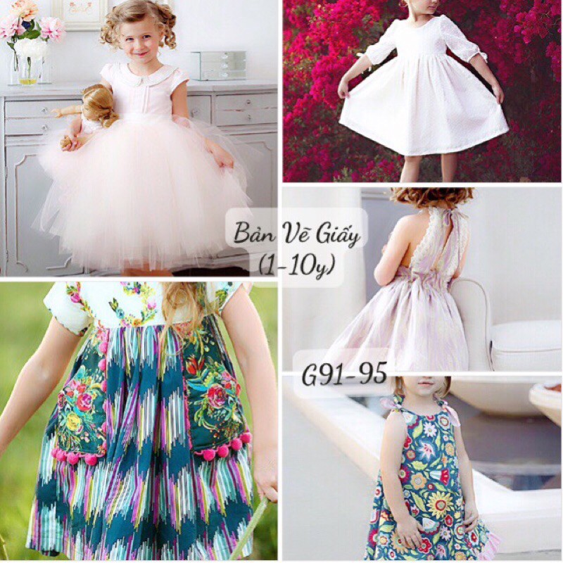 BẢN VẼ RẬP GIẤY (G91-95)TỰ MAY ĐẦM BÉ GÁI (Size 1-10tuổi)