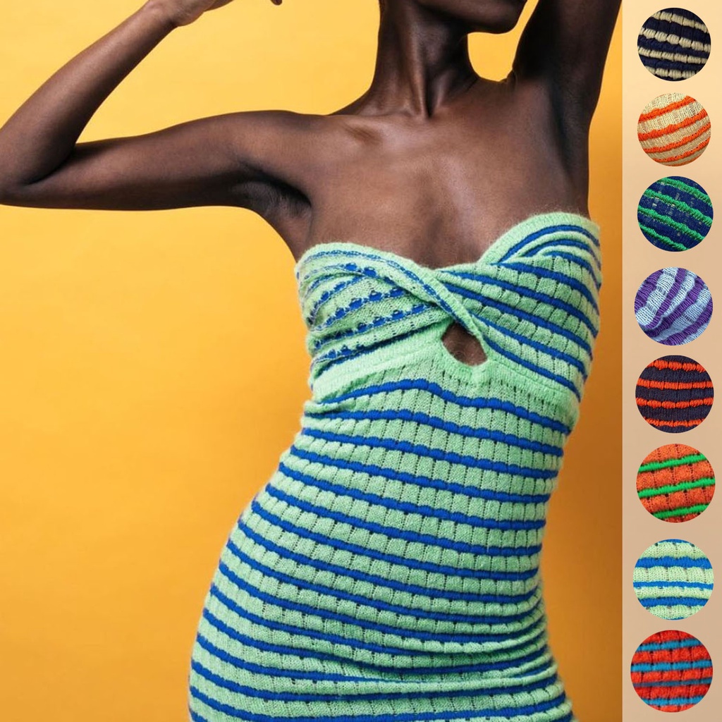 DUNEA Đầm Dệt Kim Trễ Vai Xẻ Tà Họa Tiết Kẻ Sọc Thời Trang Quyến Rũ Cho Nữ