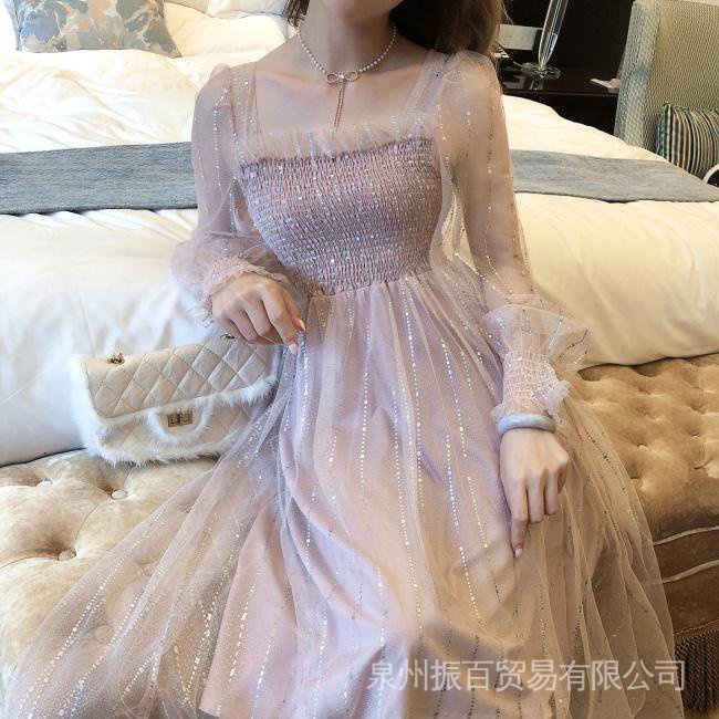 Hàng Mới Về Đầm Phối Lưới Kẻ Sọc Dọc Đính Kim Sa Lấp Lánh Thời Trang Xuân Hè Năm 2021 Cho Nữ