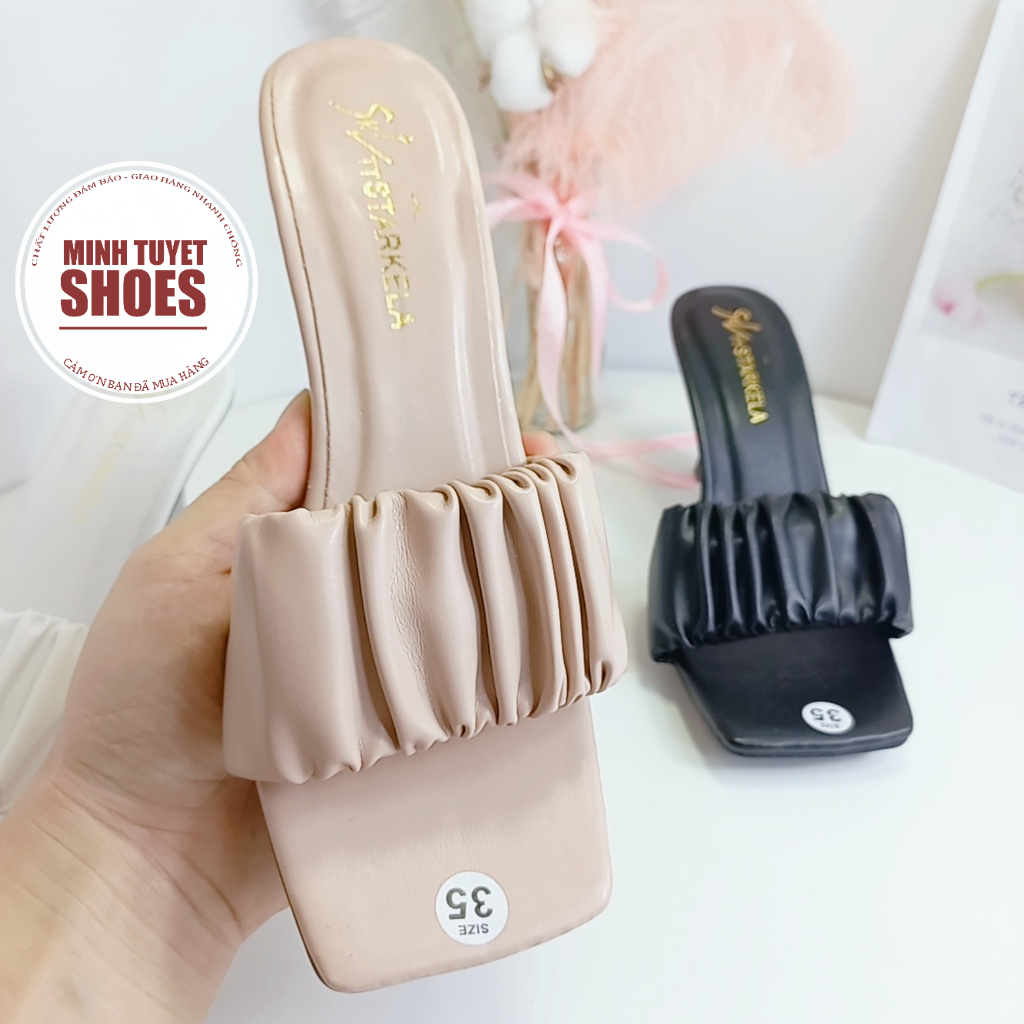 giày sandal nữ gót nhọn bản nhún guốc cao 7 phân quai xếp li 3 màu đen trắng kem Minhtuyetshoes