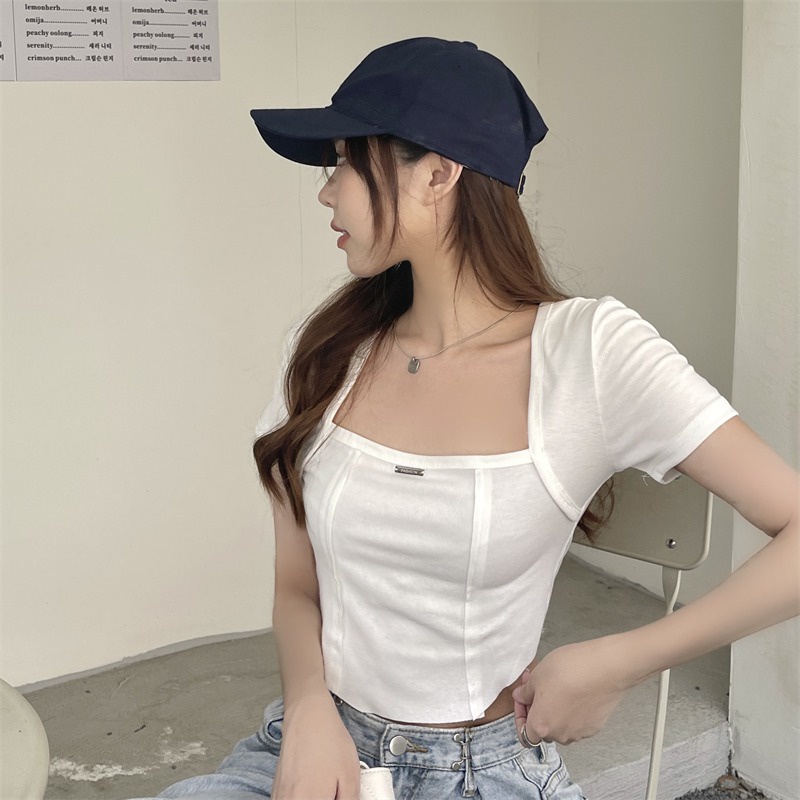 Hàng Mới Về Áo Thun Ngắn Tay Cổ Thấp Màu Trơn Thời Trang Mùa Hè Quyến Rũ Cho Nữ