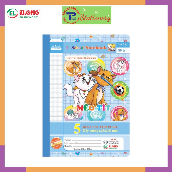 Vở 5 ô ly 48, 80 trang Klong định lượng 70g/m2 bìa hình chích bông, mèo tít, hổ nhi, sóc bi; MS: 010,030 giao ngẫu nhiên