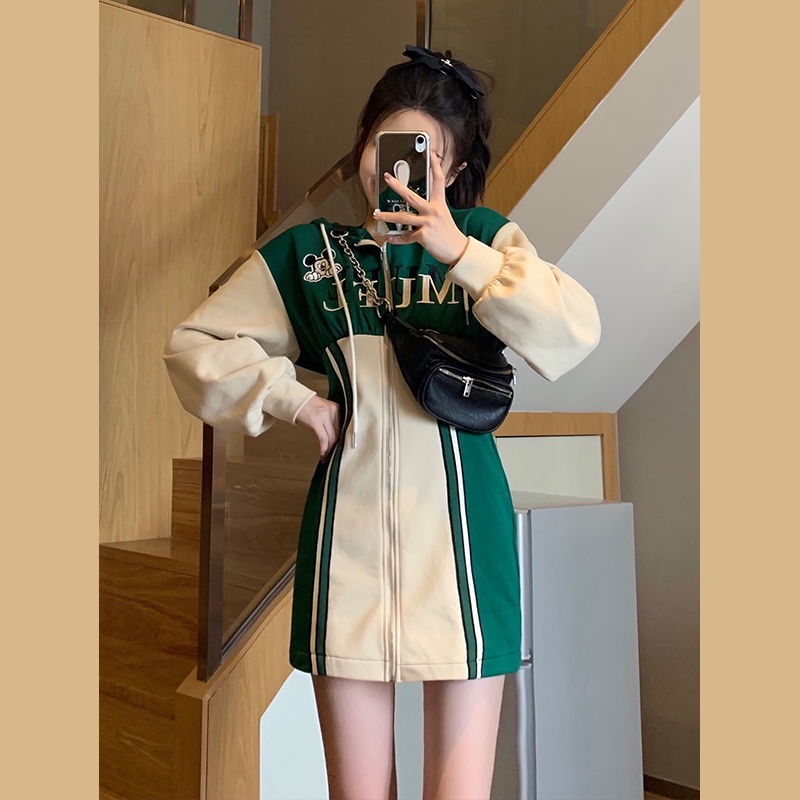 Hooded sweater dress Spring and Autumn dress New College style French Leisure long-sleeved Colour spliced waist short skirt