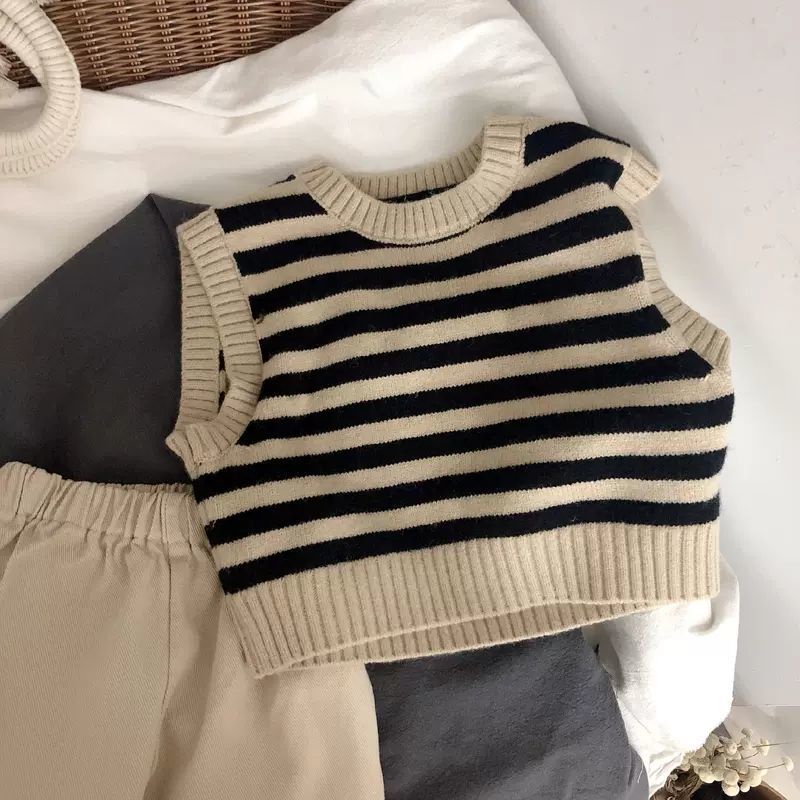 Áo Sweater Dệt Kim Sát Nách Dáng Rộng Kẻ Sọc Kiểu Hàn Quốc Thời Trang Mùa Xuân 2022 Cho Bé