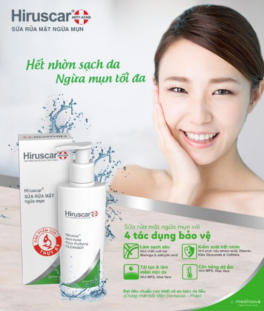 Sữa Rửa mặt Hiruscar : sạch Da- Ngừa mụn theo chuẩn Châu Âu