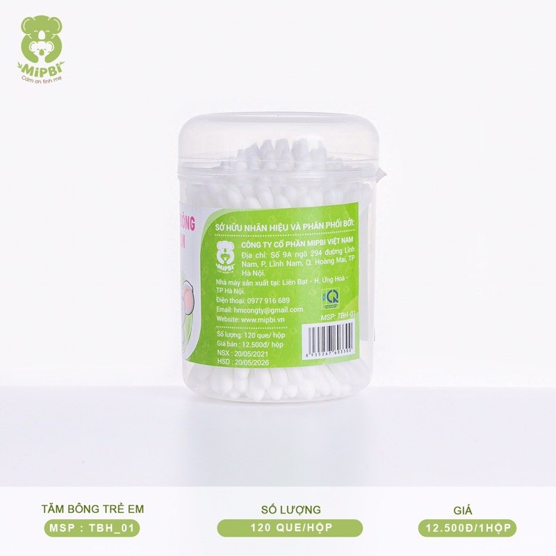 Tăm bông trẻ em Mipbi 100% bông tự nhiên an toàn, thấm hút tốt kháng khuẩn cho bé