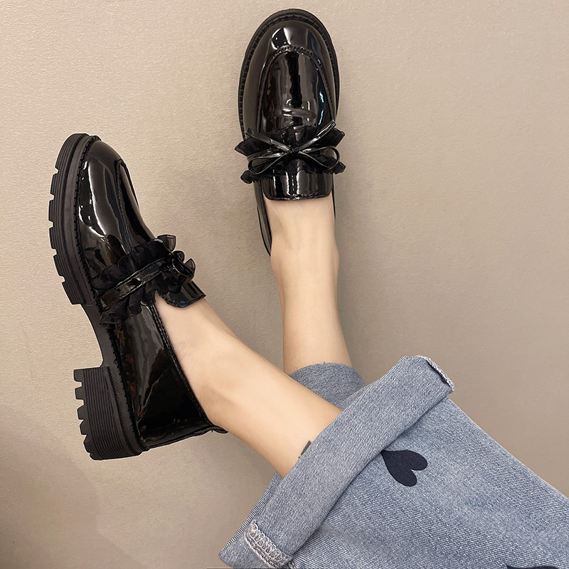 Oxfords Nữ Giày Bệt Có Nơ, Giày Búp Bê Lười Phong Cách Anh Quốc (Da Bằng Sáng Chế)