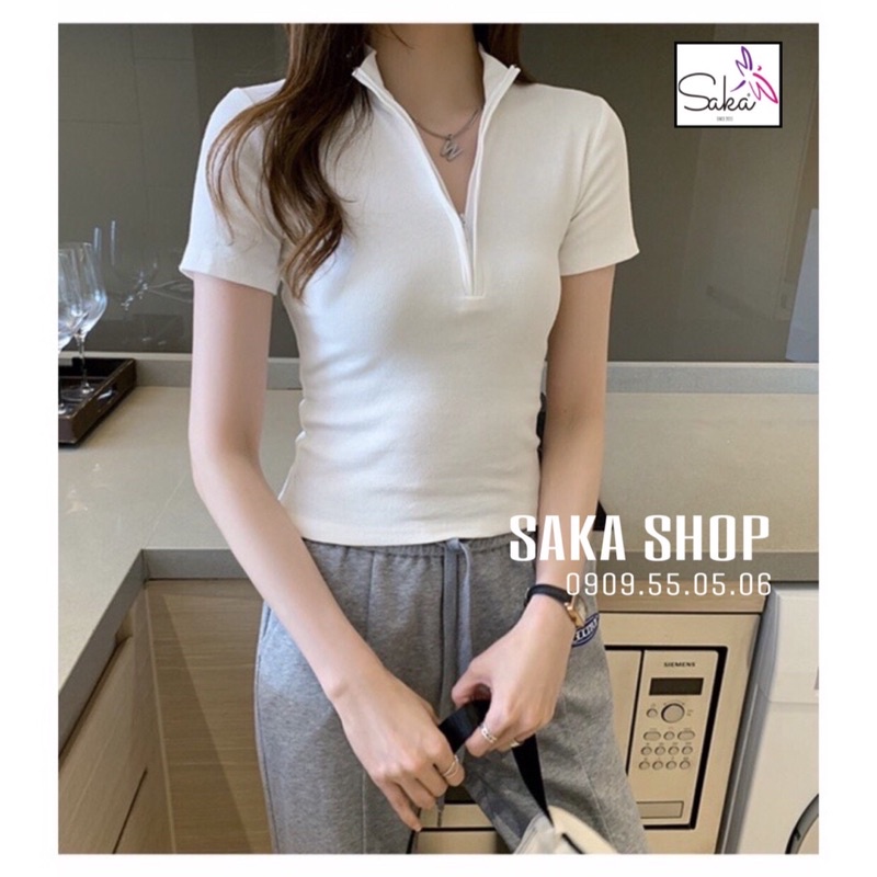 Áo croptop thun nữ dây kéo cổ sơ mi 3 màu thời trang trắng xám đen