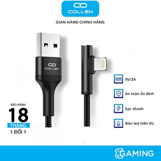 Cáp sạc nhanh COLLEN cho IPchuyên dụng gaming đầu ngang có đèn led ,bọc dây dù chống đứt,chống gãy gập