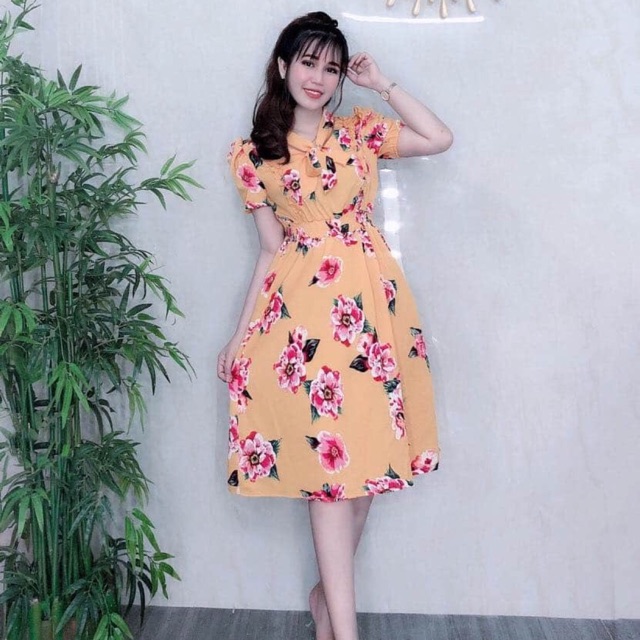 Đầm vàng hoa thắt nơ xinh sắn HANA290