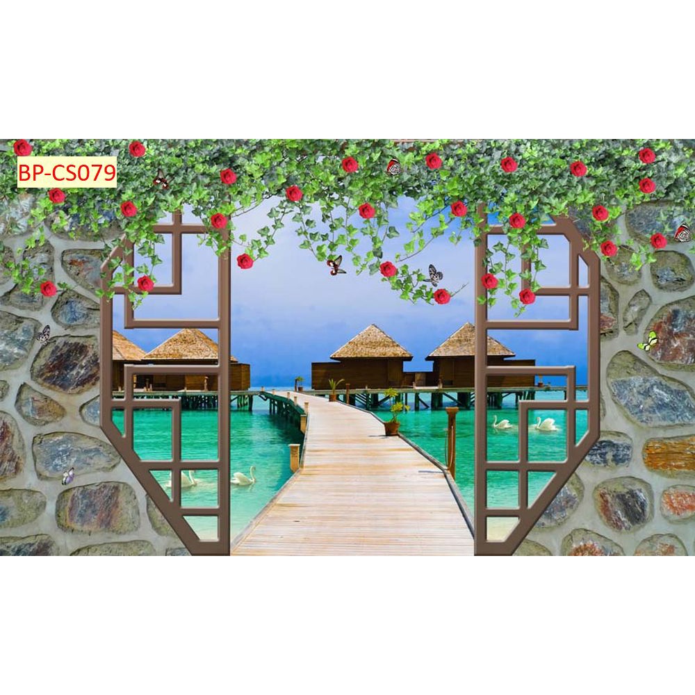 Tranh dán tường cửa sổ phong cảnh tưới mới