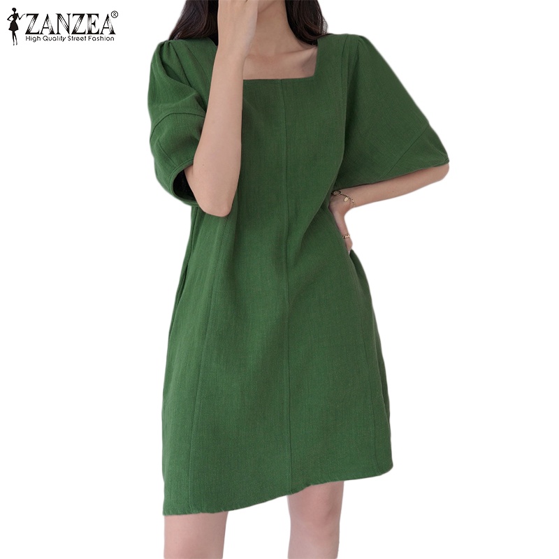Đầm ZANZEA tay ngắn cổ vuông màu trơn phong cách Hàn Quốc cho nữ