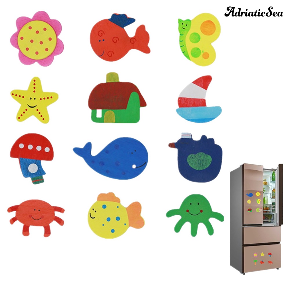 Set 12 miếng dán nam châm gắn tủ lạnh hình động vật hoạt hình bằng gỗ tiện dụng