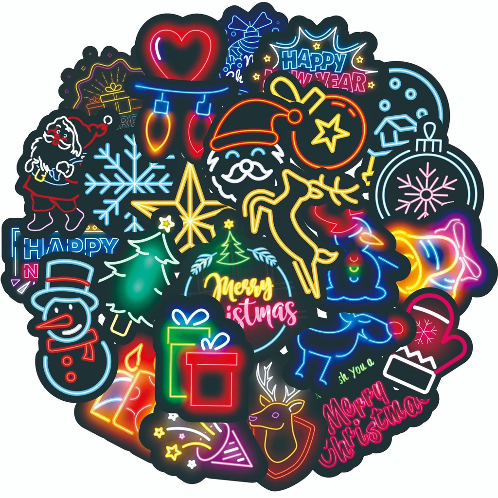 Bộ 50 Nhãn Dán Trang Trí Sổ Tay/Va Li Nước Màu Neon Chống Thấm Nước In Họa Tiết Giáng Sinh Dễ Thương