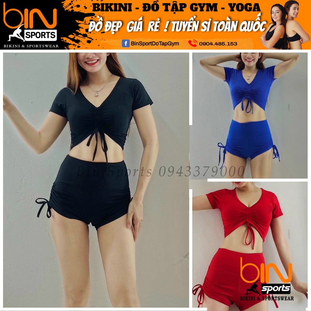 Set bộ đùi thể thao tập gym yoga nữ áo crop quần đùi dây rút Bin Sports BN022