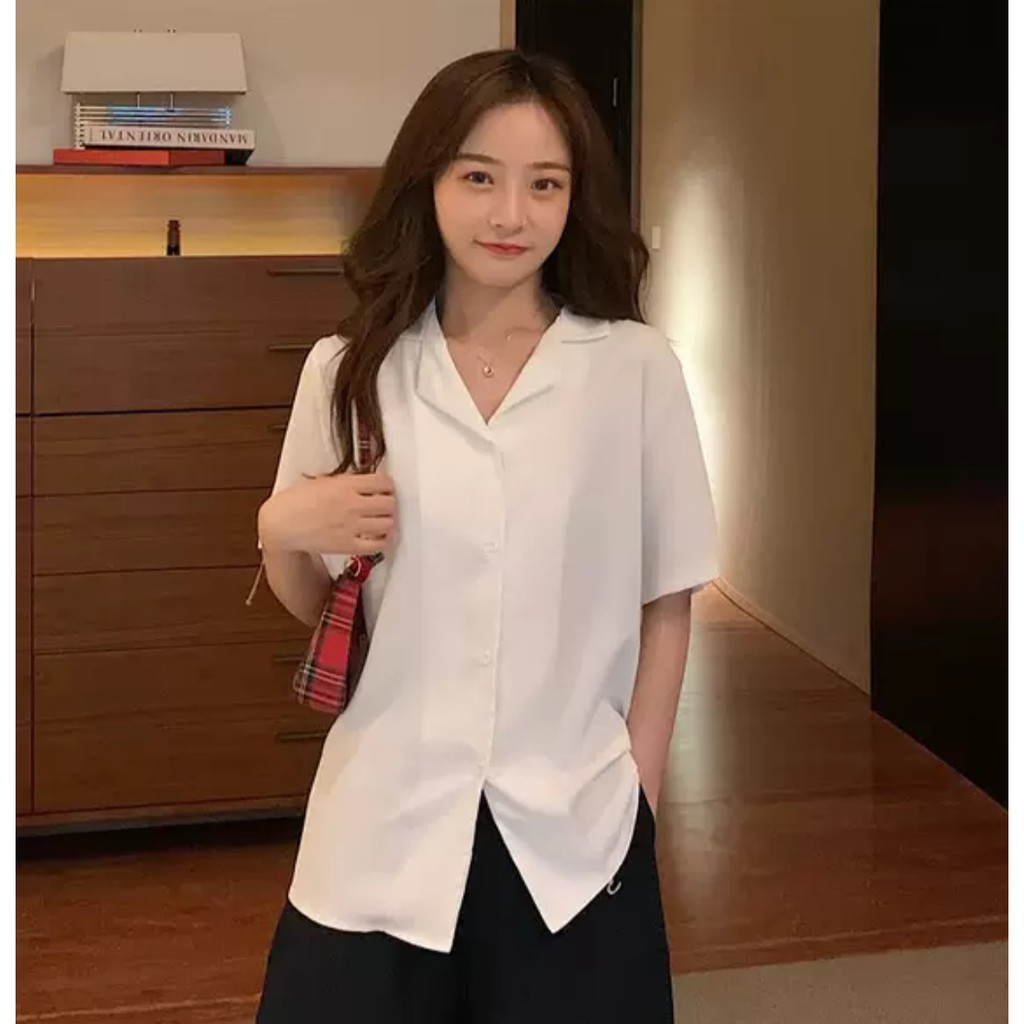 Áo sơ mi tay ngắn nam nữ form rộng sơ mi cổ vest unisex Hàn Quốc, chất vải lụa dãn SMV02 | BigBuy360 - bigbuy360.vn
