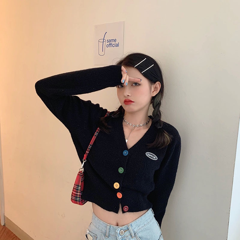 QKOOLE Áo khoác cardigan  dệt kim tay dài cổ chữ V phong cách Hàn Quốc dành cho nữ