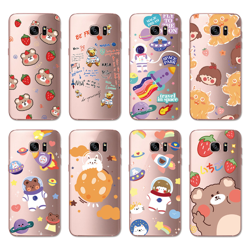 Samsung Galaxy S8 Plus / Note 4 5 3 2 N7100 N9000 INS Cute Cartoon Little brown bear Clear Soft Silicone TPU Phone Casing Lovely astronaut Rocket ship Case Couple Back Cover