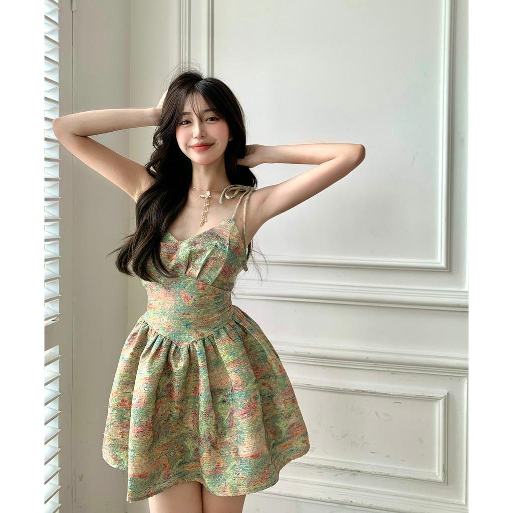 Váy Đầm 2 dây kiểu Hàn Quốc đi biển xếp ly dự tiệc, váy dáng ngắn xòe hở lưng thiết kế sang chảnh 535 DK1T307