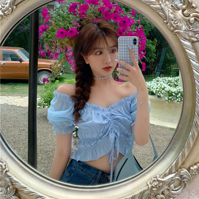 Áo Kiểu Tay Ngắn Cổ Thuyền Phối Dây Thắt Xinh Xắn Cho Nữ | BigBuy360 - bigbuy360.vn