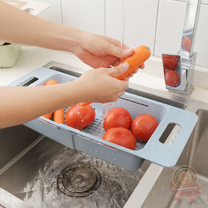 Rổ rửa rau thu gọn Giá đựng đồ ăn thực phẩm hoa quả có tay gác bồn rửa bát điều chỉnh độ dài