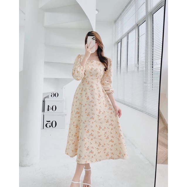 ĐẦM MIDI HOA CỔ VUÔNG TAY LỠ