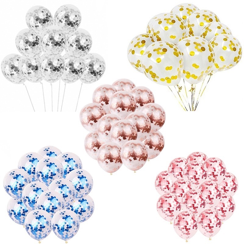 Set 5 Bong Bóng Trong Suốt Phối Hoa Giấy Kim Sa Kích Thước 12 Inch Dùng Trang Trí Tiệc Cưới
