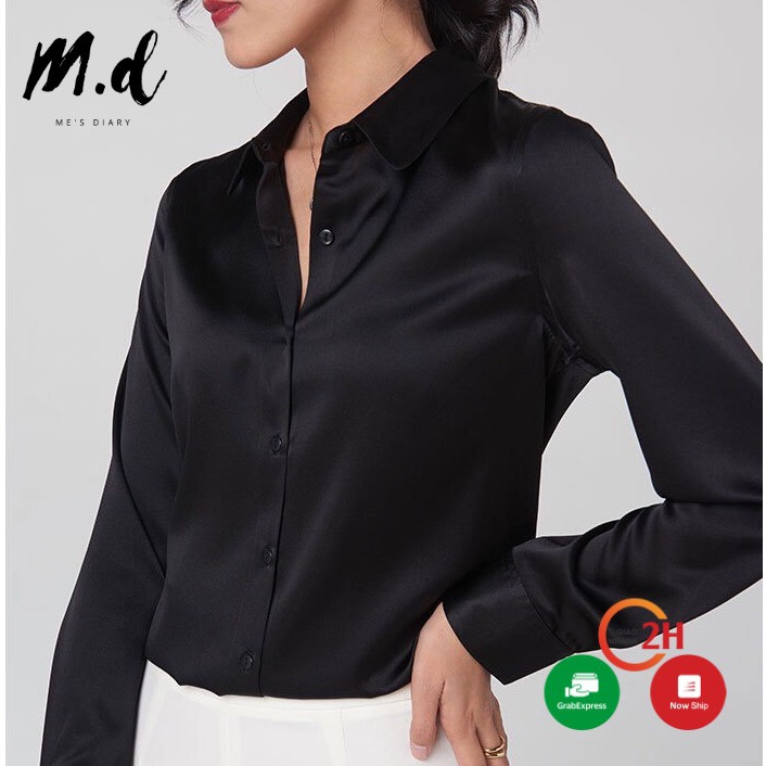[Mã FATHANG5 giảm 10K đơn 50K] Sơ mi lụa nữ, tay dài, cổ đức, màu trắng, đen, kiểu hàn quốc, đi làm công sở MESDIARY