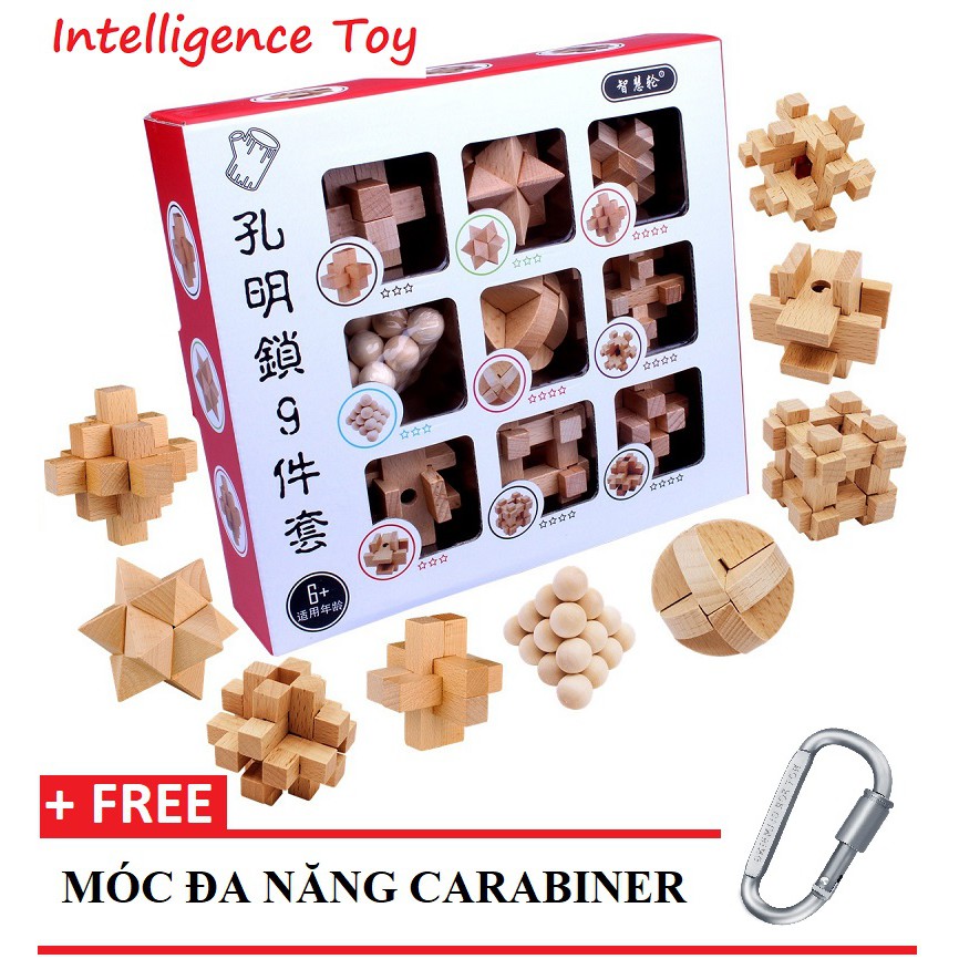 ✔️✔️ [BỘ 9 MÓN] Trò chơi tháo lắp gỗ WOODEN PUZZLE FN120 - TẶNG 1 MÓC ĐA NĂNG CARABINER