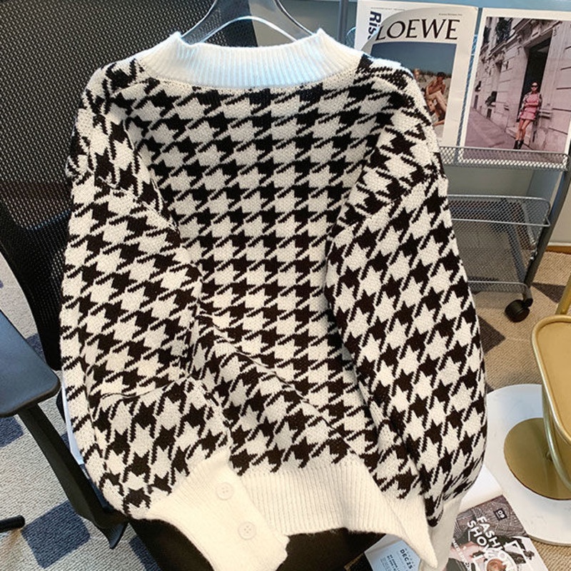 Áo Sweater Dệt Kim Dày Dặn Dáng Rộng In Họa Tiết Houndstooth Kiểu Retro Thời Trang Mùa Thu Cho Nữ
