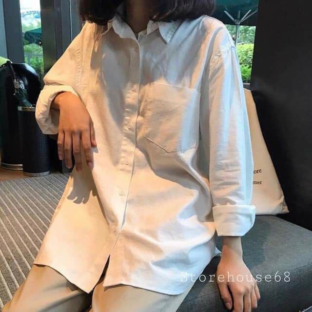 [Hàng Chất Lượng] Áo sơ mi trắng 1 túi basic phom rộng unisex thời trang học sinh tay dài cổ bẻ style hàn quốc