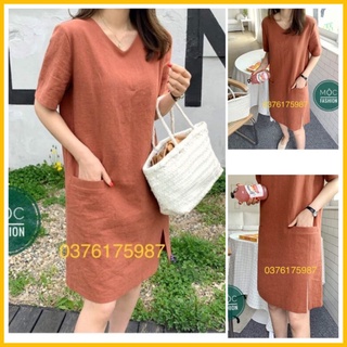 Váy linen dáng suông  cổ tim túi cơi xẻ đùi đủ size S đến XL 44 - 63kg
