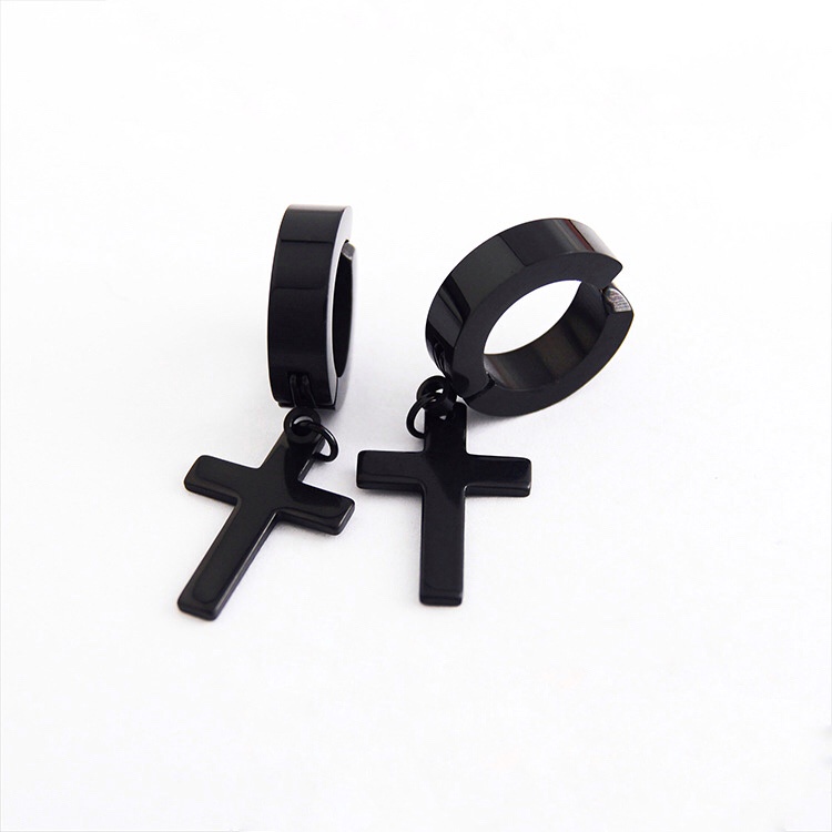 Khuyên tai nam tròn dạng xỏ Merin Accessories màu bạc đen đơn giản đẹp - Hoa tai chữ thập