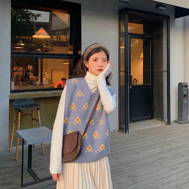 Áo len không tay cổ chữ v dáng rộng thời trang phong cách Hàn Quốc