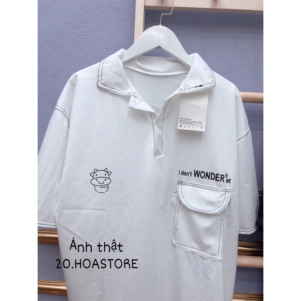 Áo Thun POLO CON BÒ CHỈ NỔI Nam Nữ Ulzzang Unisex - Áo Polo Tay Lỡ Cổ Viền Chỉ WONDER 2 Màu Trắng Đen