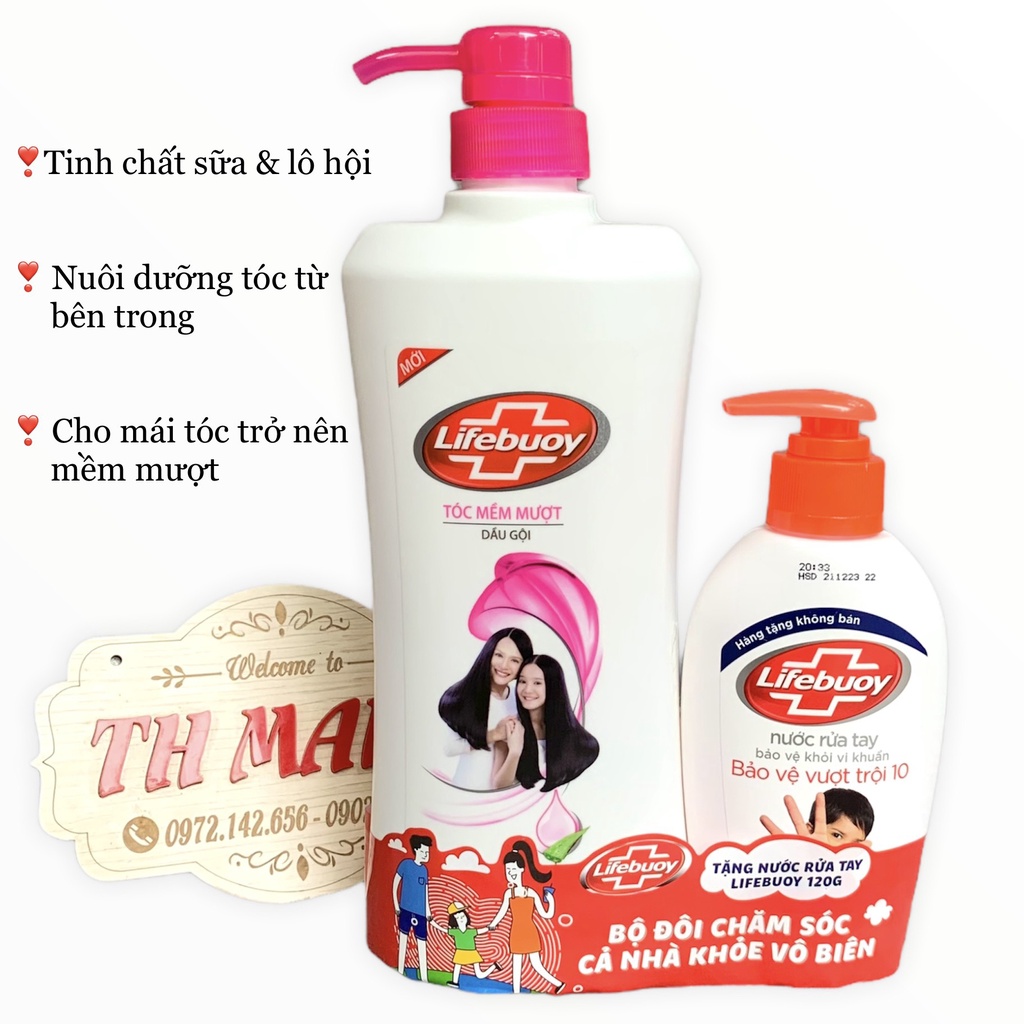 dầu gội đầu lifebuoy tặng nước rửa tay, tóc dày óng ả mềm mượt với tinh chất sữa và lô hội chai 650g