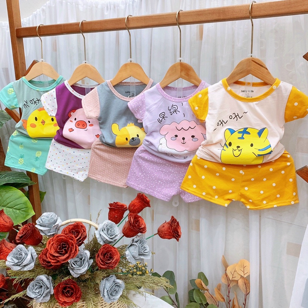 Đồ bộ bé gái hình thú ngộ nghĩnh chất thun cotton cho bé từ 7-18kg (0-3 tuổi) QATE-BG01