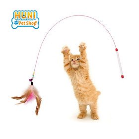 Đồ chơi cho mèo Cần câu mèo dây thép dẻo và lông vũ, con cá cho mèo vờn bắt, thư giãn Huni pet shop