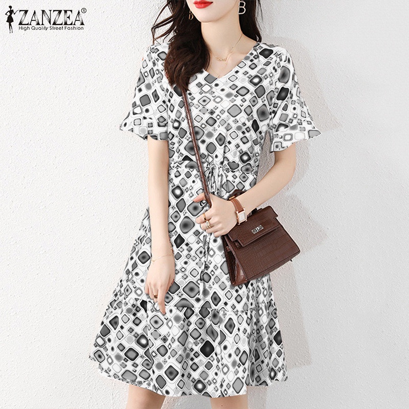 Đầm Zanzea tay ngắn cổ chữ v rút dây họa tiết hình học phong cách Hàn Quốc thời trang cho nữ