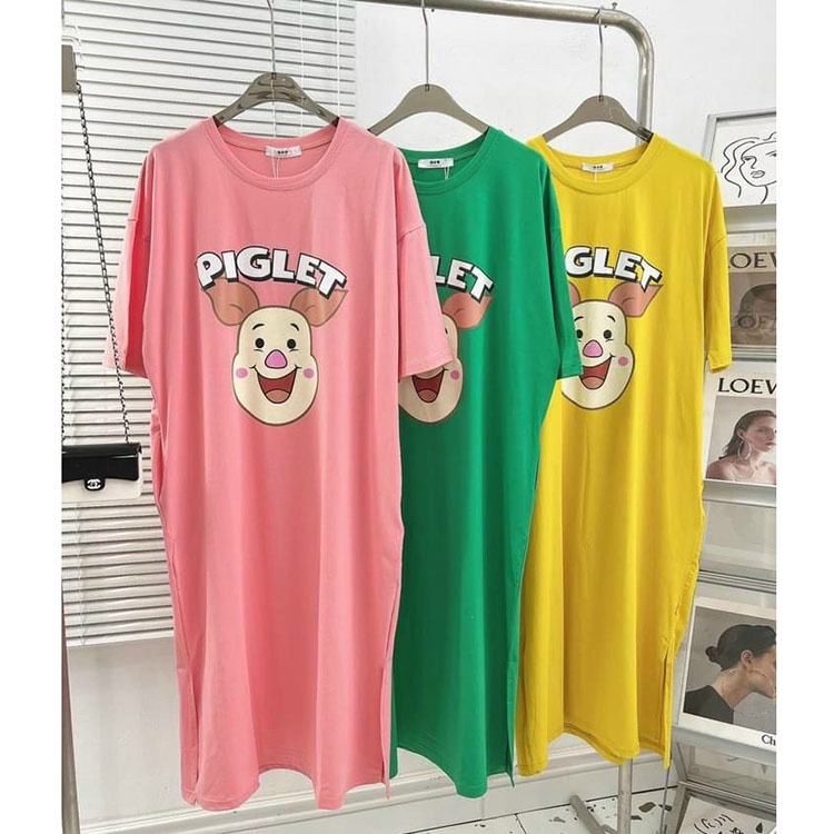 Đầm thun suông form to hình heo piglet Váy cotton cổ tròn ngắn tay dáng suông
