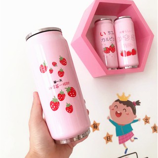 [SẴN HÀNG]🍎 Bình Nước Dâu Tây Hàn Quốc - 🍎 Bình Giữ Nhiệt Hình Lon Bia Có Ống Hút 500ml