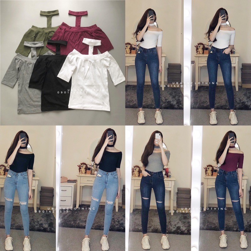 [FREESHIP - ẢNH THẬT] Áo thun gân CHOKER BẸT VAI tay lửng