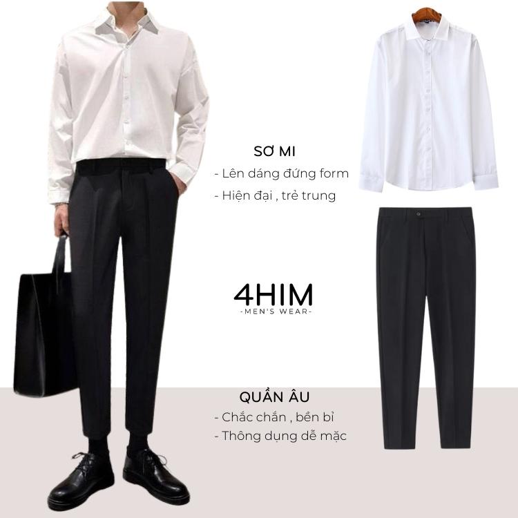 Áo sơ mi nam nữ dài tay Unisex Basic trơn màu trắng và đen Chất cotton lụa mịn mát 4HIm