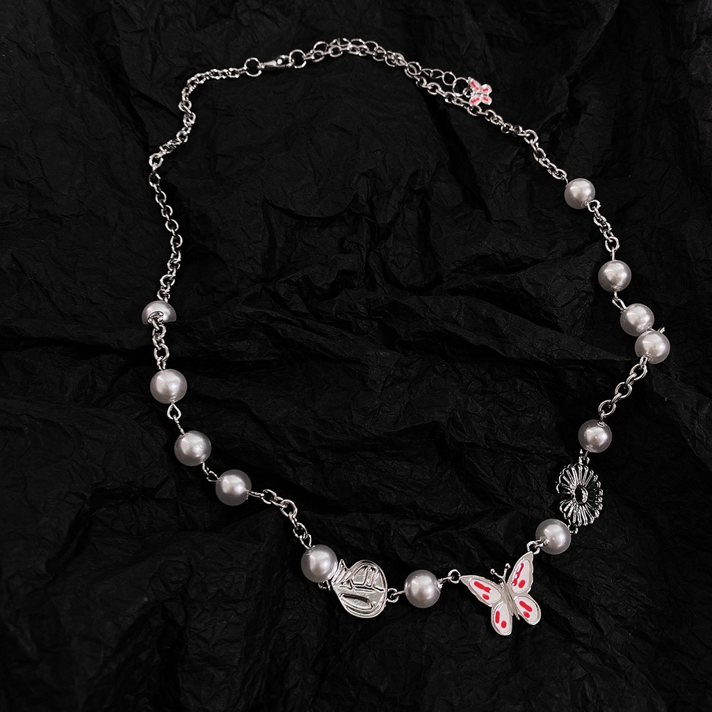 Dây chuyền ngọc trai 19A1222 mặt hình bướm màu hồng phong cách hip hop hàn quốc