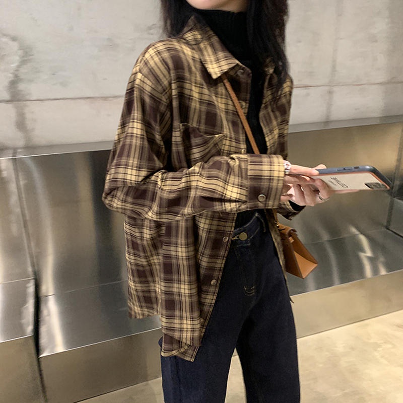 SUXI Áo Sơ Mi Caro Dài Tay Phong Cách Vintage Cho Nữ