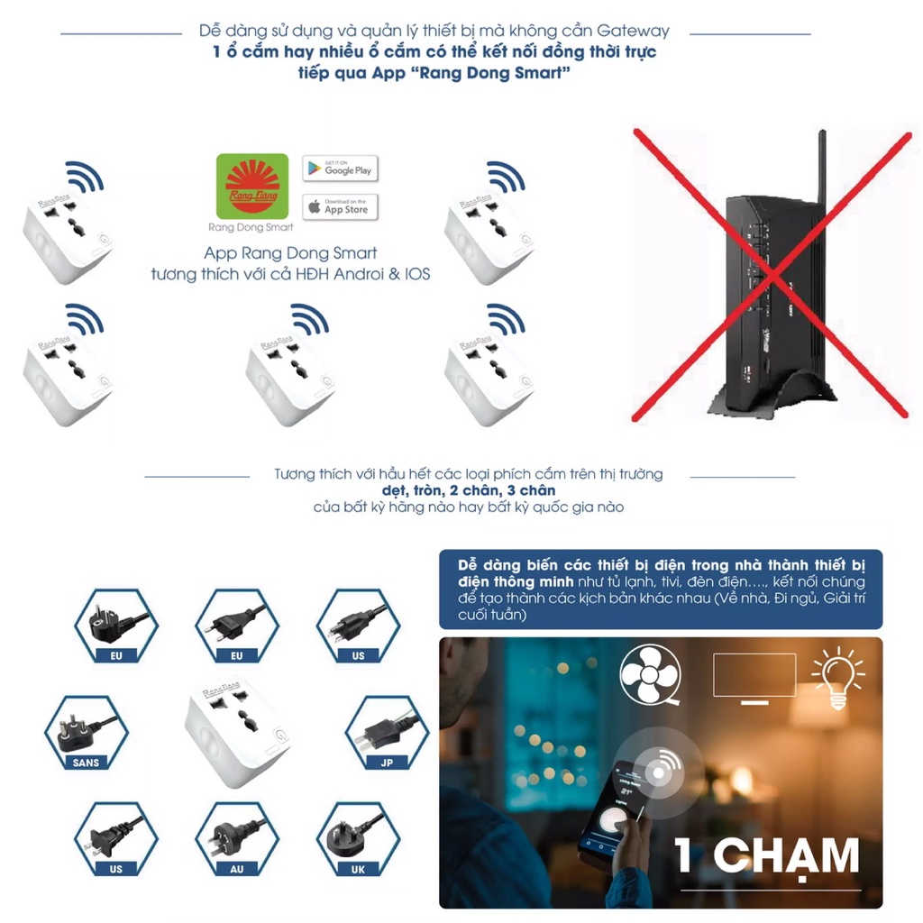 Ổ cắm điện Wifi thông minh Rạng Đông 16A, điều khiển bằng Wifi, 3G, 4G, công suất 3500W