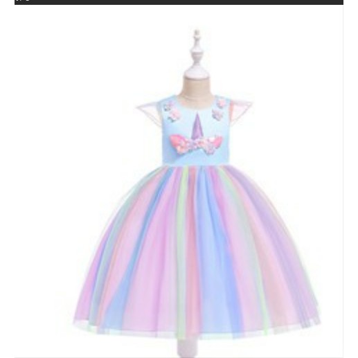 Đầm xòe vải lưới thiết kế kỳ lân hoạt hình phong cách công chúa dành cho bé gái