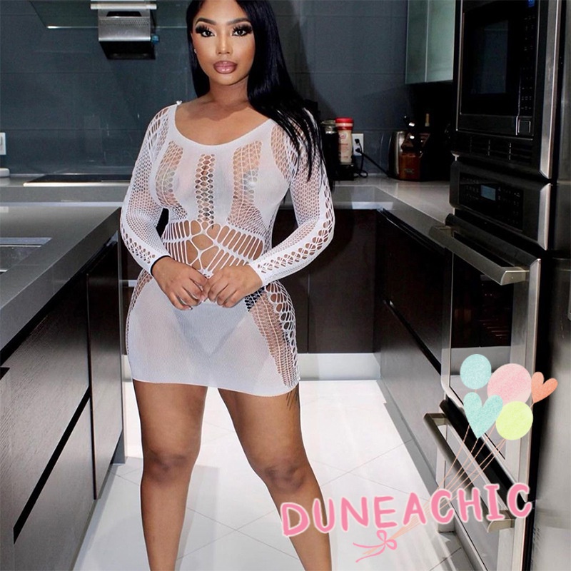 DUNEA Đầm Tay Dài Phối Lưới Thời Trang Quyến Rũ Cho Nữ