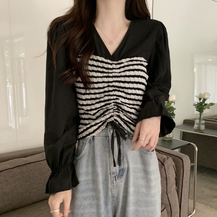 Áo Kiểu Tay Dài Cổ Chữ v Kẻ Sọc Phối Dây Rút Xếp Ly Thời Trang Mùa Thu