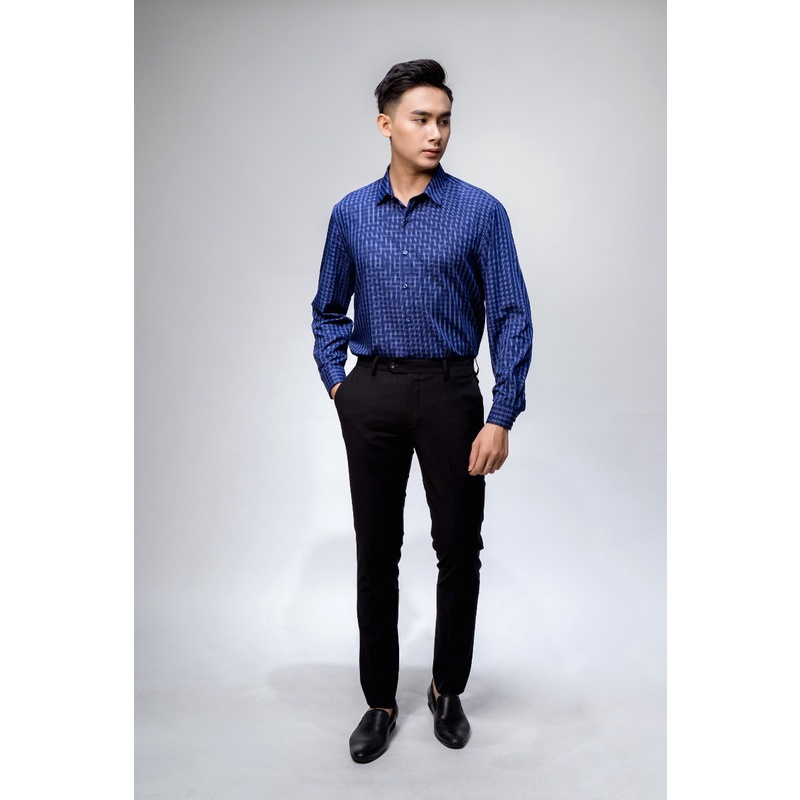 Áo sơ mi nam dài tay OWEN AR22747D somi công sở vải lô hội cao cấp màu kẻ caro xanh đậm dáng suông tà lượn không túi